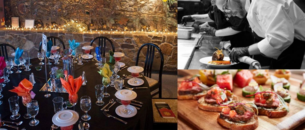 Photos of dinner table, food, and chef preparing dinner